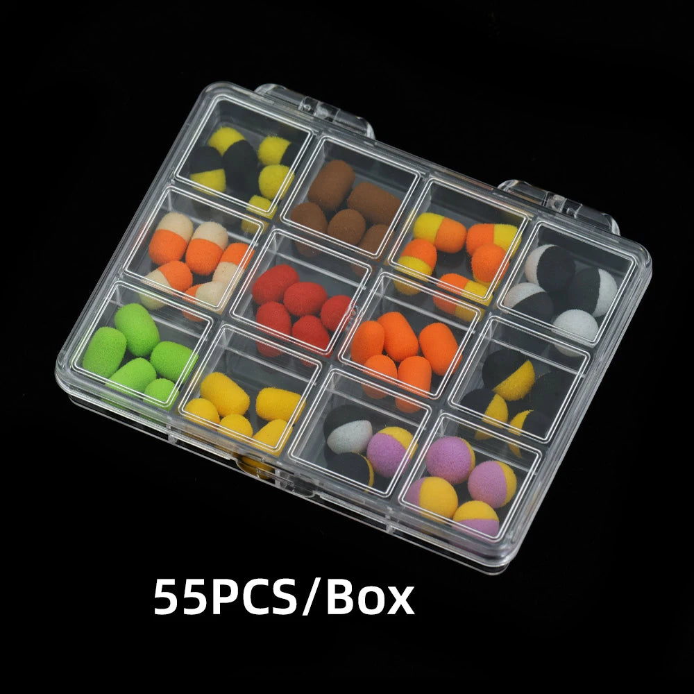 Boîte de pop-up assortis pour la pêche – 55 pièces – Formes rondes et cylindriques