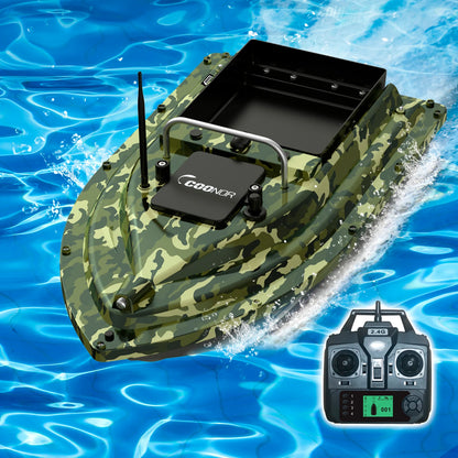 Bateau amorceur GPS camouflage – 16 points GPS – Retour auto – Double moteur – Charge 2kg – Pêche carpe