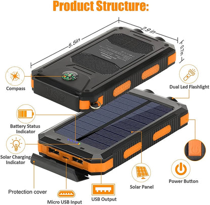 Batterie externe solaire 80000mAh – Lampe LED puissante – Boussole – Double USB – Charge rapide 20W