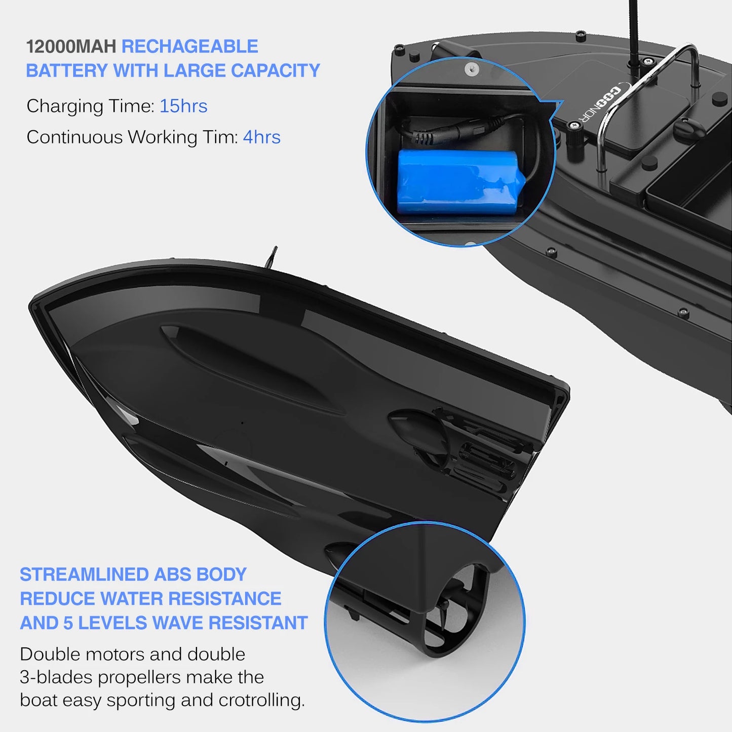 Bateau amorceur GPS camouflage – 16 points GPS – Retour auto – Double moteur – Charge 2kg – Pêche carpe