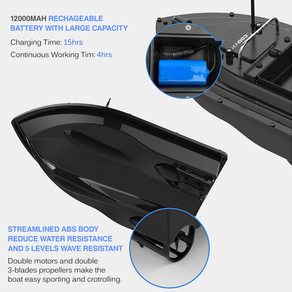 Bateau amorceur GPS camouflage – 16 points GPS – Retour auto – Double moteur – Charge 2kg – Pêche carpe