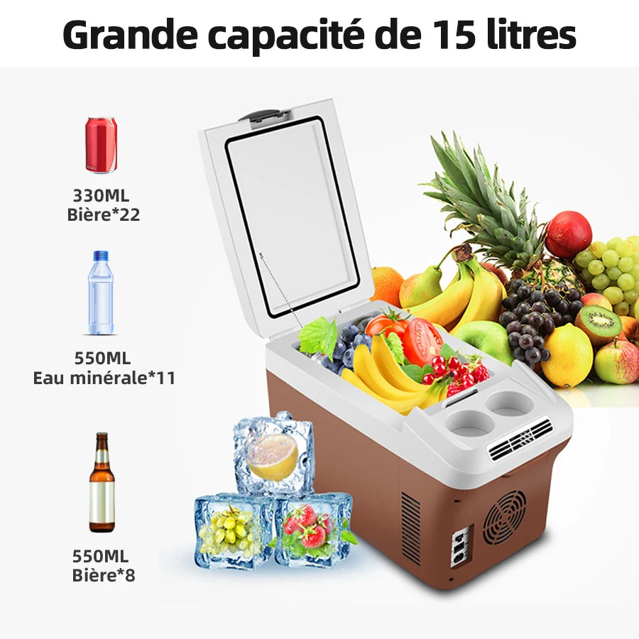Glacière électrique portable 15L – Froid & Chaud – 12V/24V/220V – Voiture & Maison – Camping Pêche