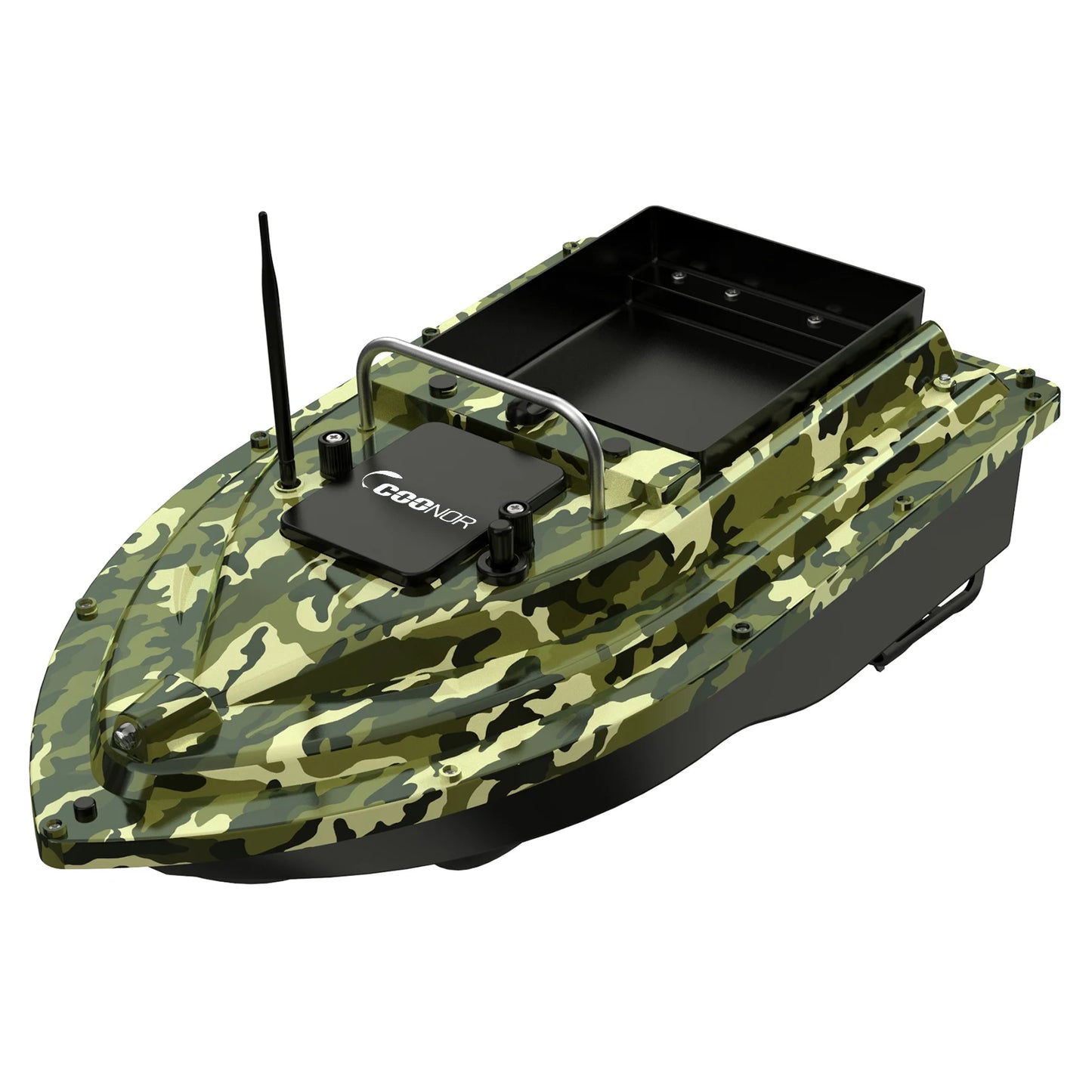 Bateau amorceur GPS camouflage – 16 points GPS – Retour auto – Double moteur – Charge 2kg – Pêche carpe