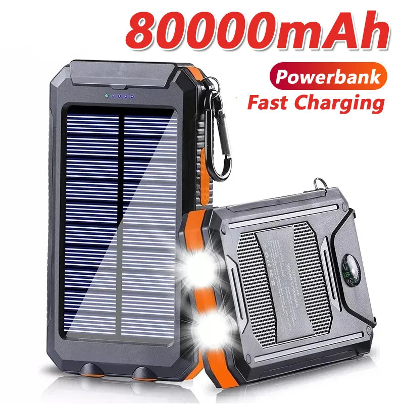 Batterie externe solaire 80000mAh – Lampe LED puissante – Boussole – Double USB – Charge rapide 20W