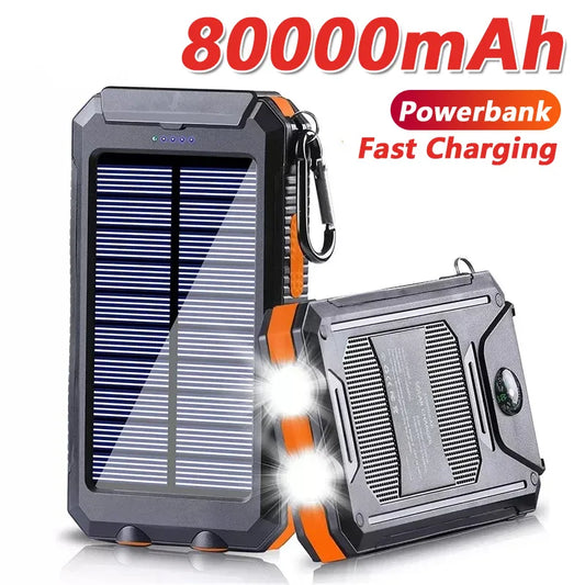 Batterie externe solaire 80000mAh – Lampe LED puissante – Boussole – Double USB – Charge rapide 20W