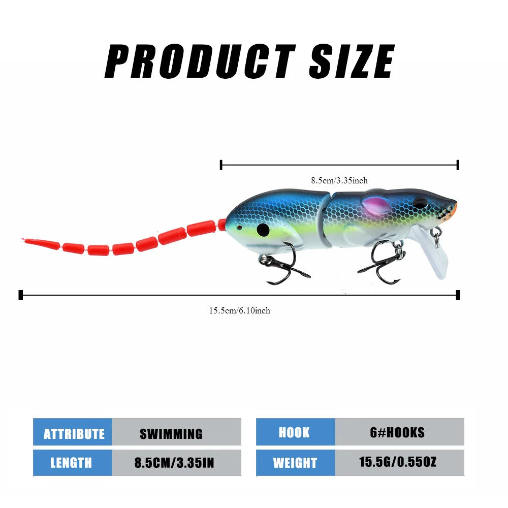 Leurre souris artificiel articulé 15.5cm – Swimbait topwater – Brochet, Bass, Perche