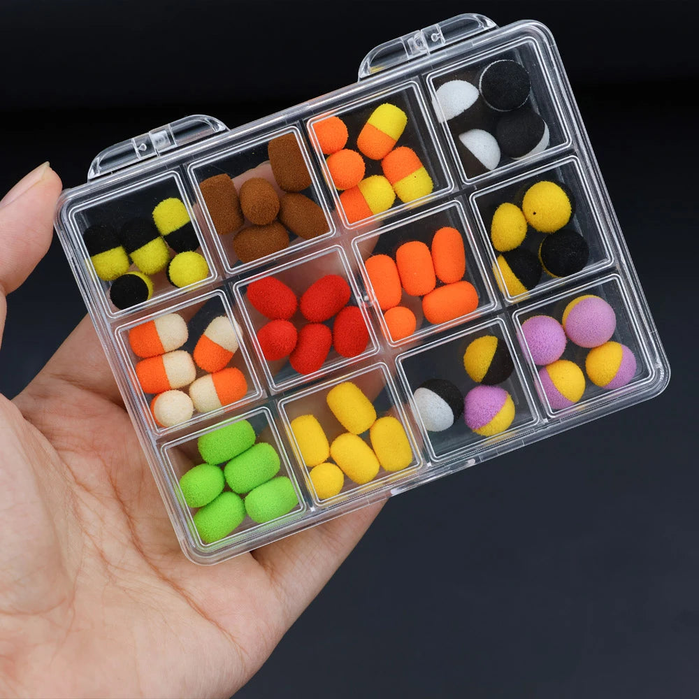 Boîte de pop-up assortis pour la pêche – 55 pièces – Formes rondes et cylindriques
