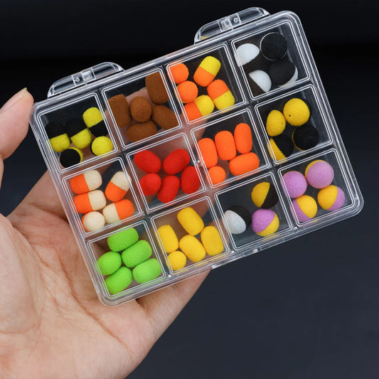 Boîte de pop-up assortis pour la pêche – 55 pièces – Formes rondes et cylindriques